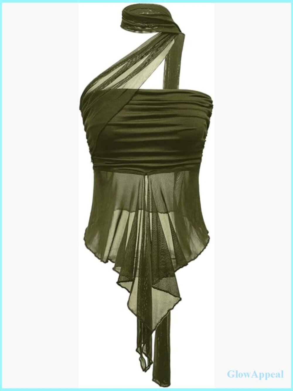 Sheer Ruffle Trim Halter Crop Top Asymmetrical Hem Ruched Sleeveless Y2K Party